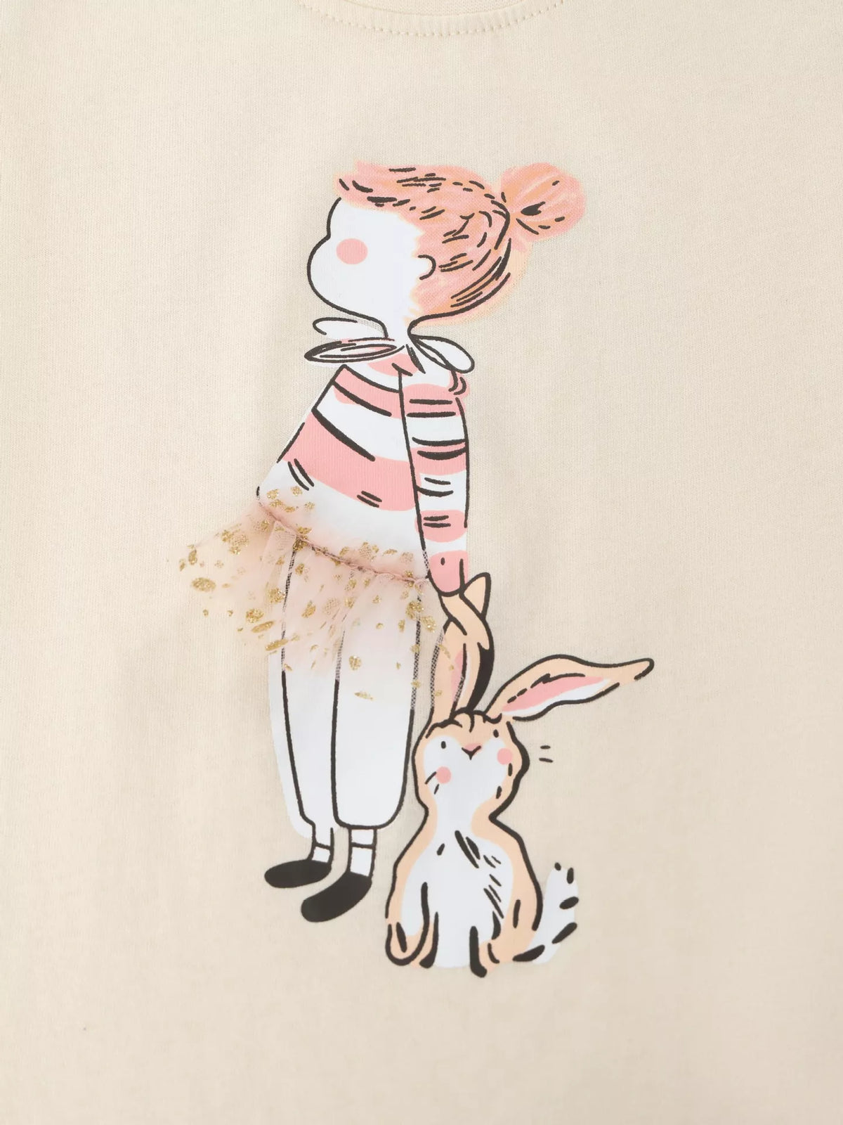 Girl-and-bunny graphic with a raised skirt detail