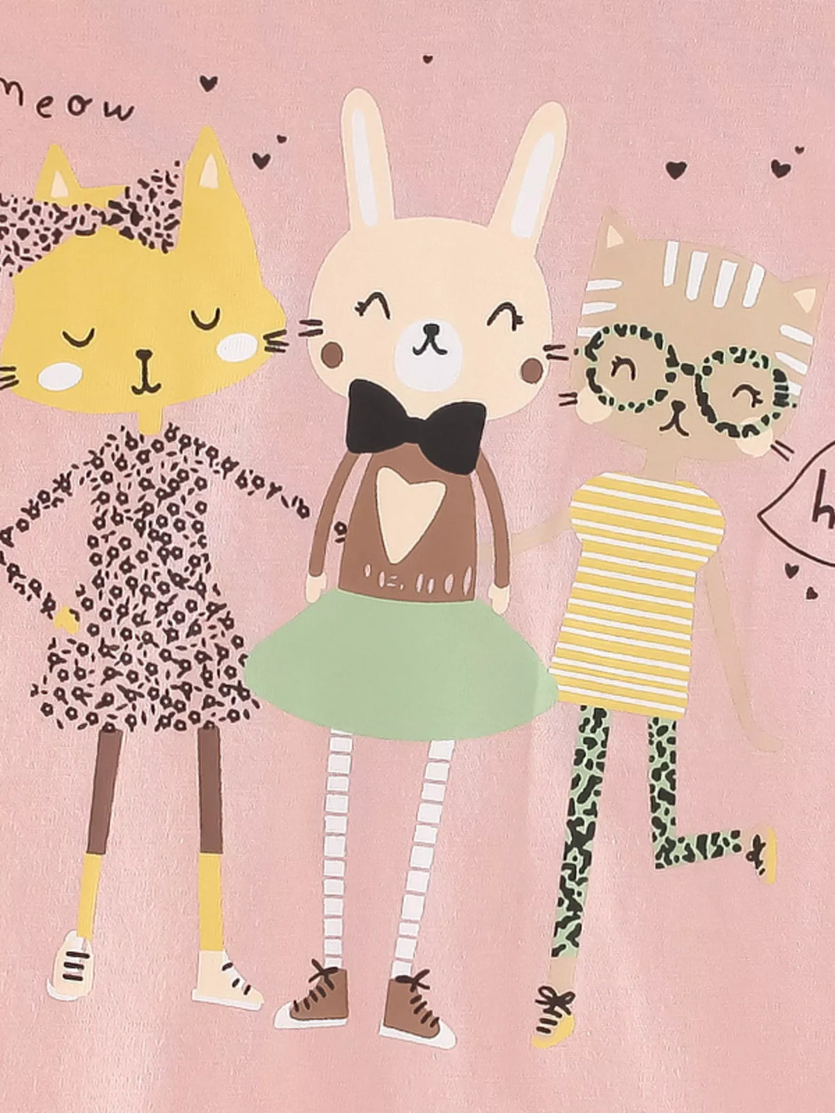 Peach dressed animal graphic puff sleeve shirt — cat rabbit and animal characters in outfits