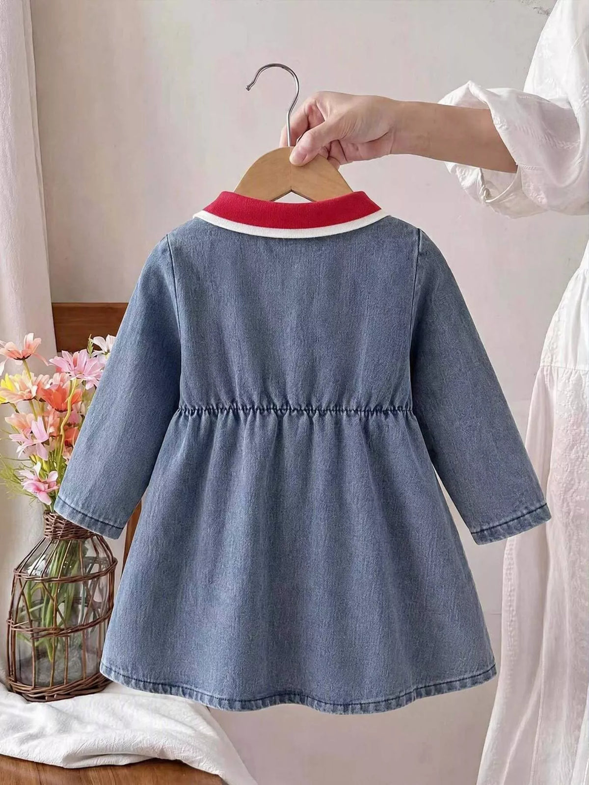 Cherry Embroidered Polo Dress — back view with gathered waist