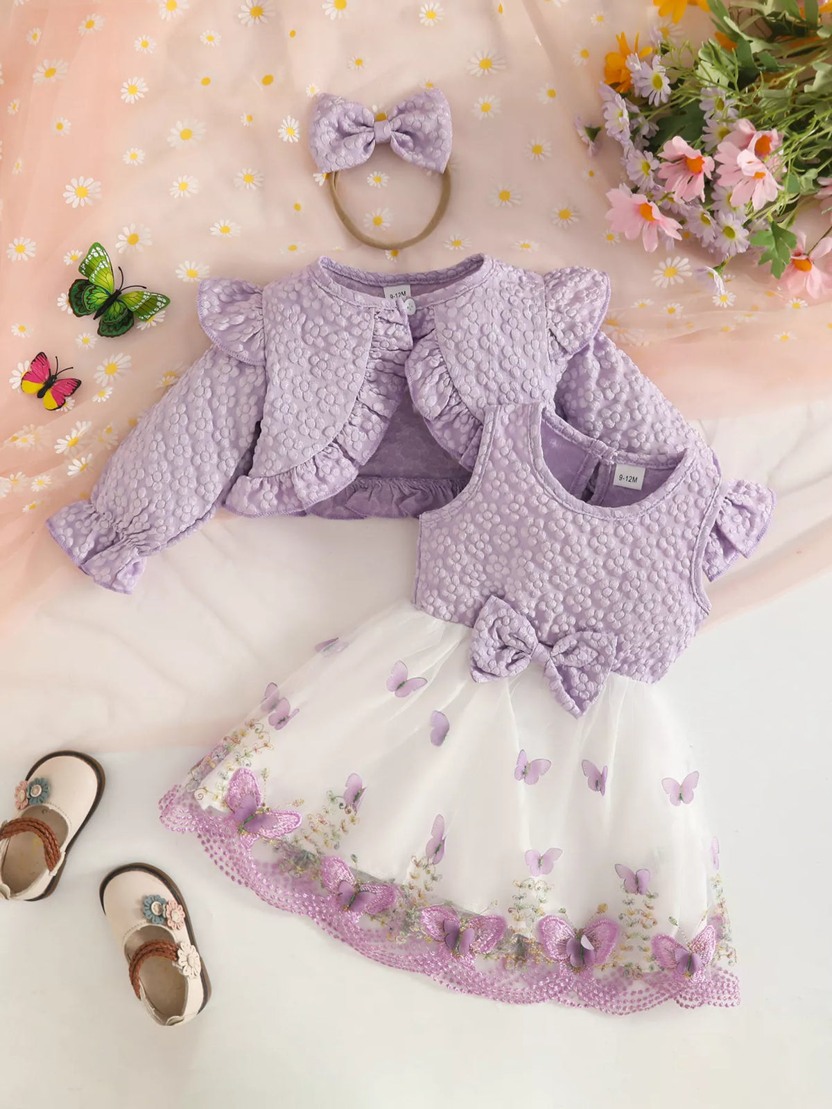 Floral butterfly dress cardigan and headband set — lavender outfit separated