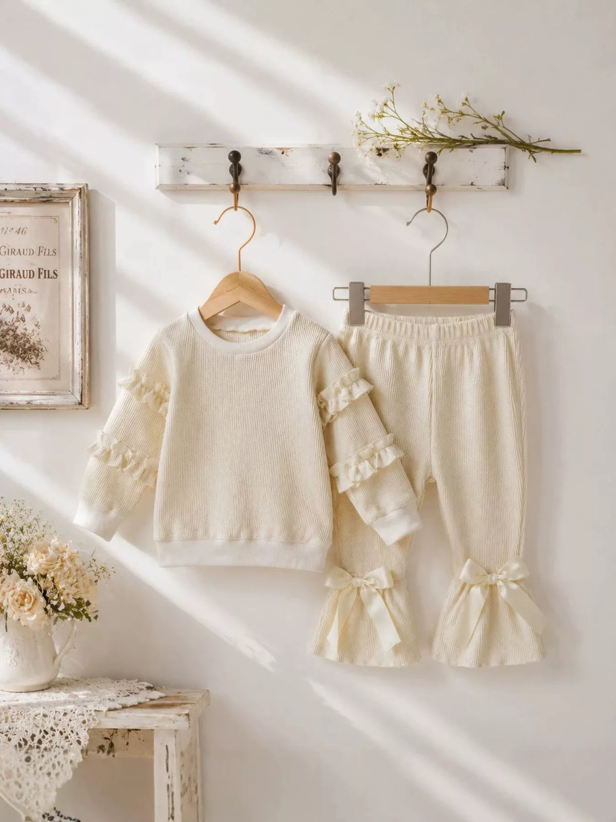 Cream ruffle-sleeve top and bow flares on hangers
