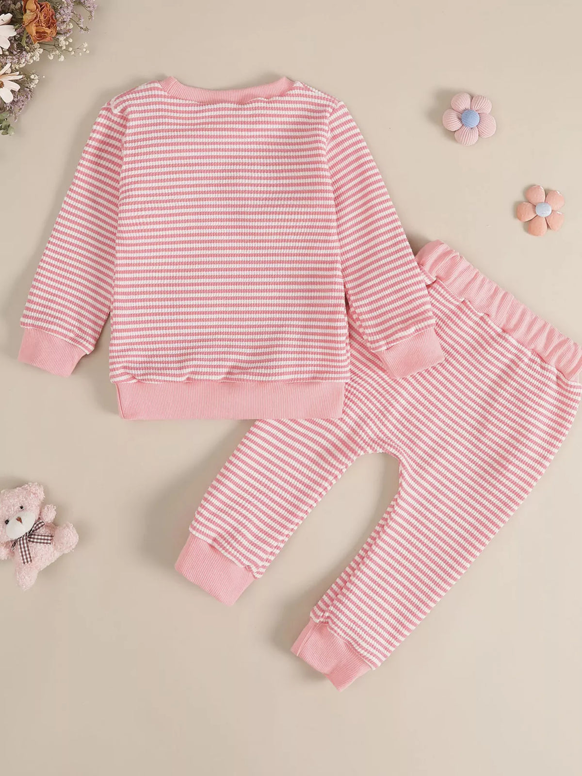 Pink striped white bow patch top and pants — outfit back
