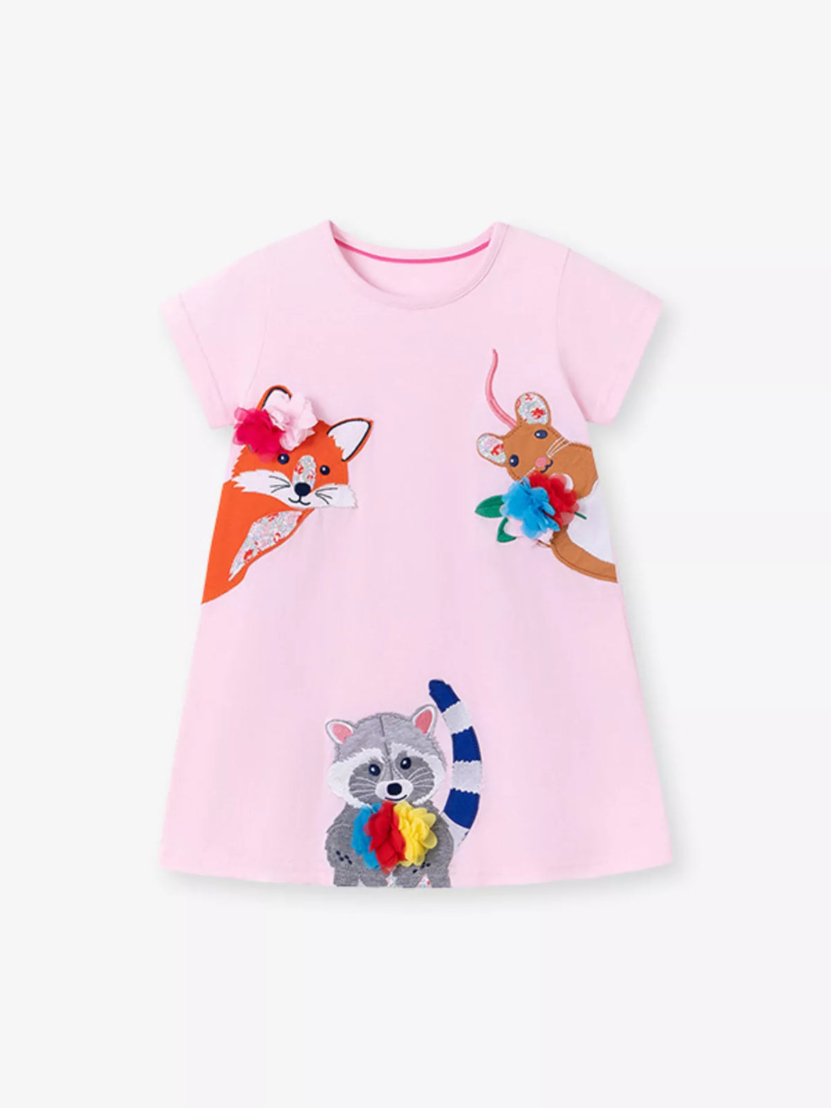Woodland Animal Applique Cotton Dress — pink dress front