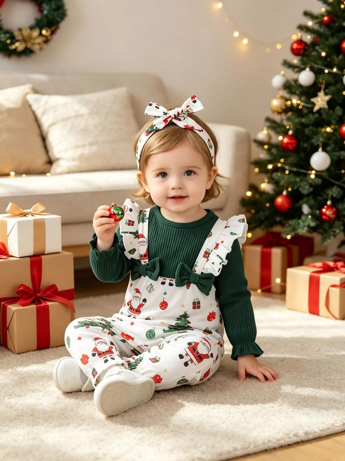 Green ribbed and Santa print jumpsuit set with bow headband — outfit shown seated on baby