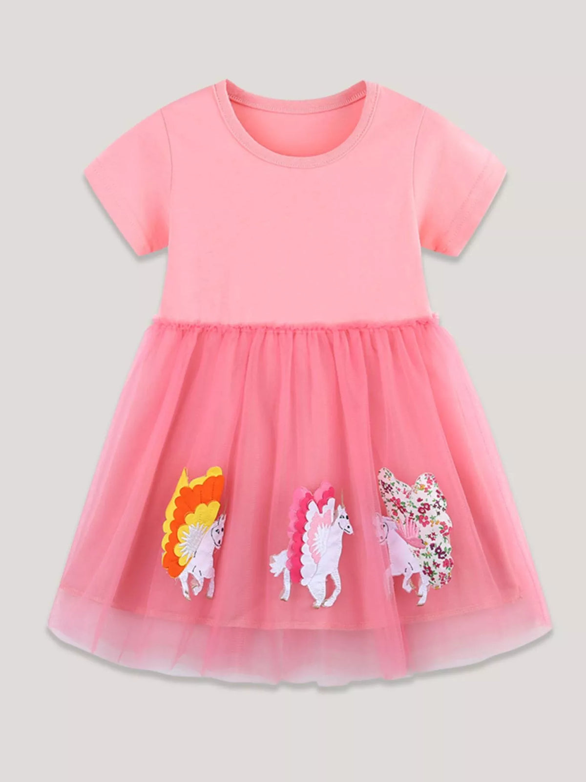 Pink Unicorn Hem Applique Tulle Dress — front view