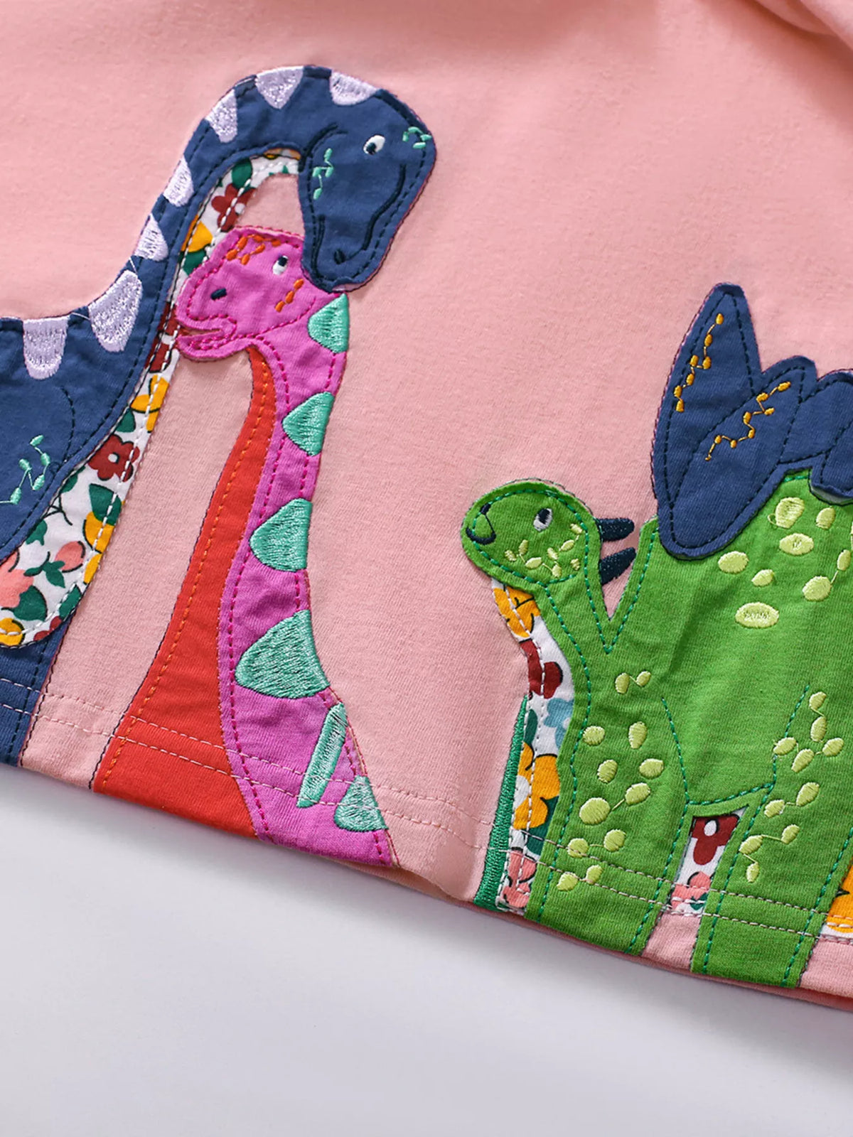 Striped Animal Applique Cotton Dress — dinosaur applique detail