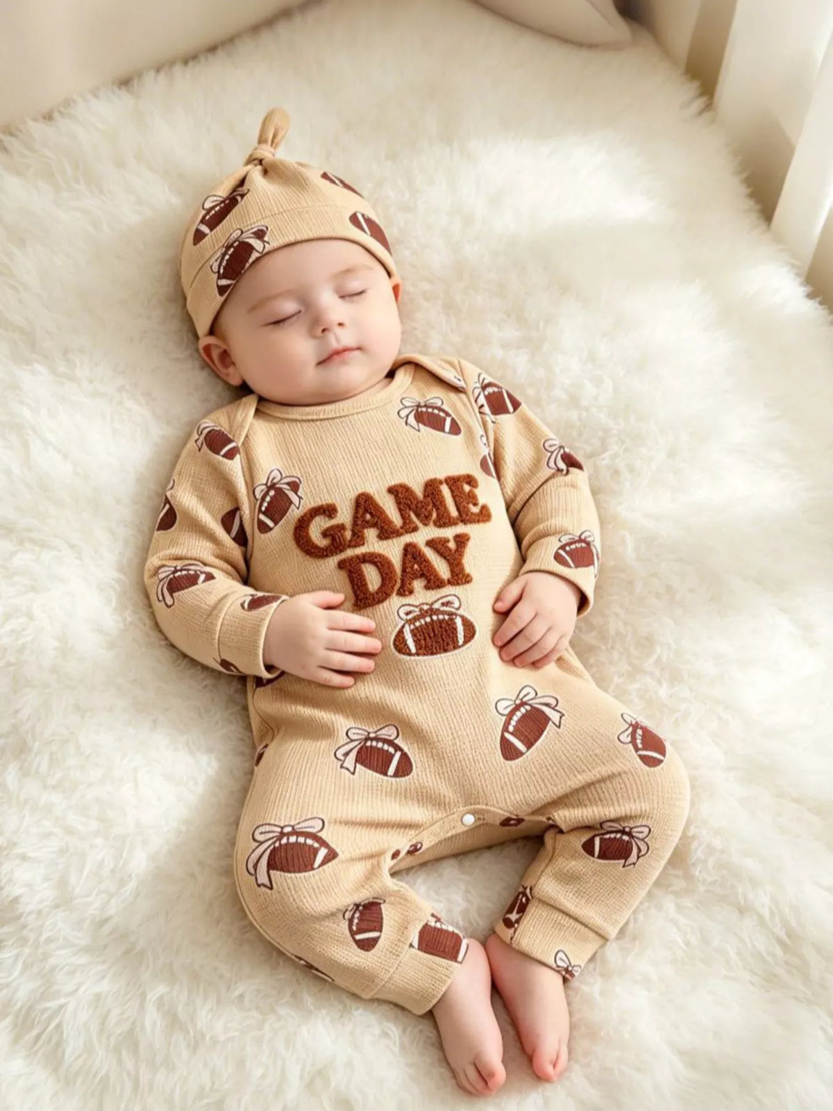Football jumpsuit and hat on a sleeping baby