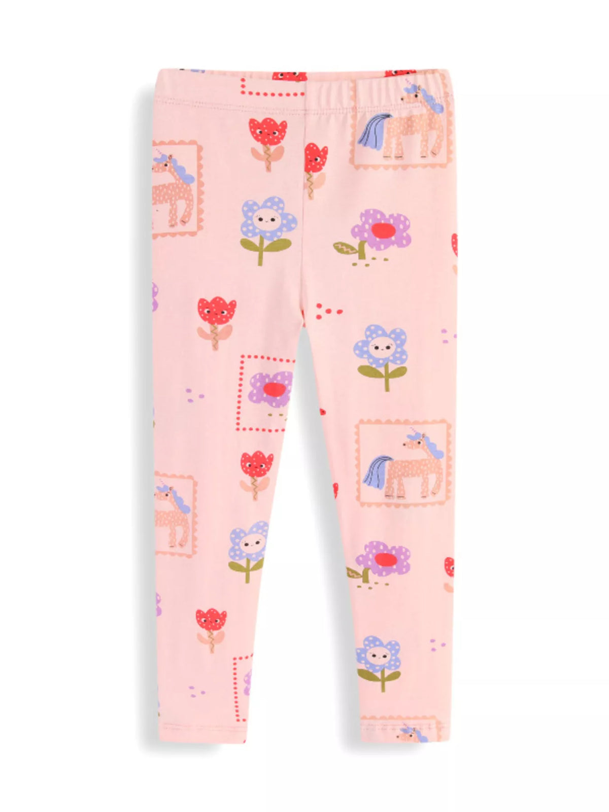 Pink unicorn-and-flower print leggings laid flat