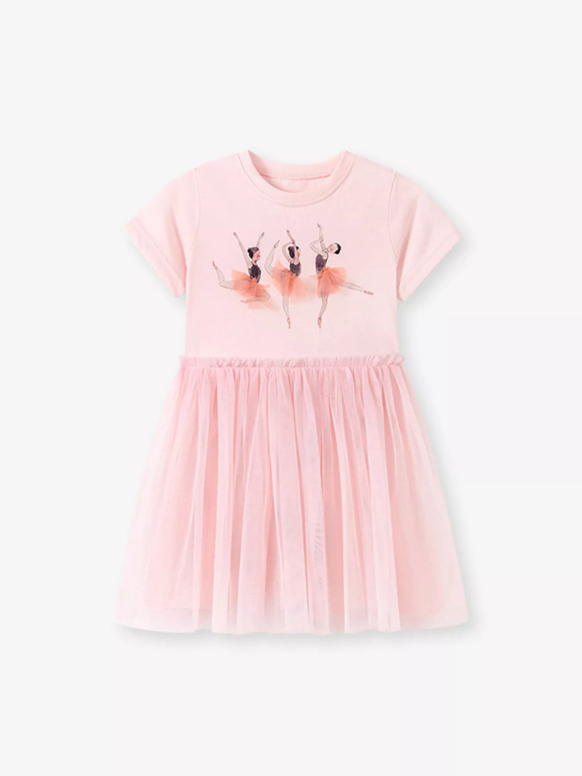 Pink ballerina short-sleeve dress with a tulle skirt laid flat