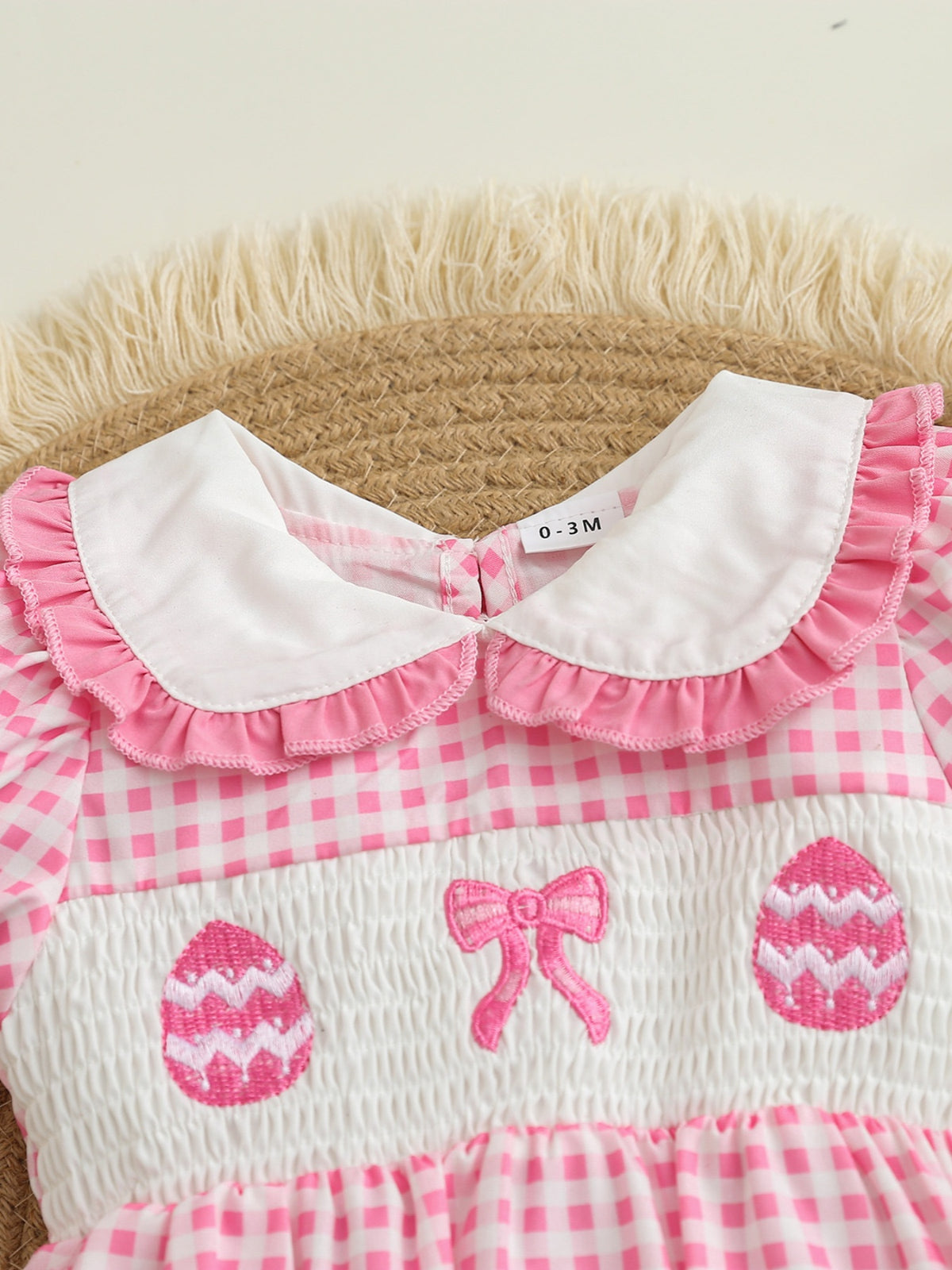 Baby Gingham Embroidered Romper — ruffled white collar detail
