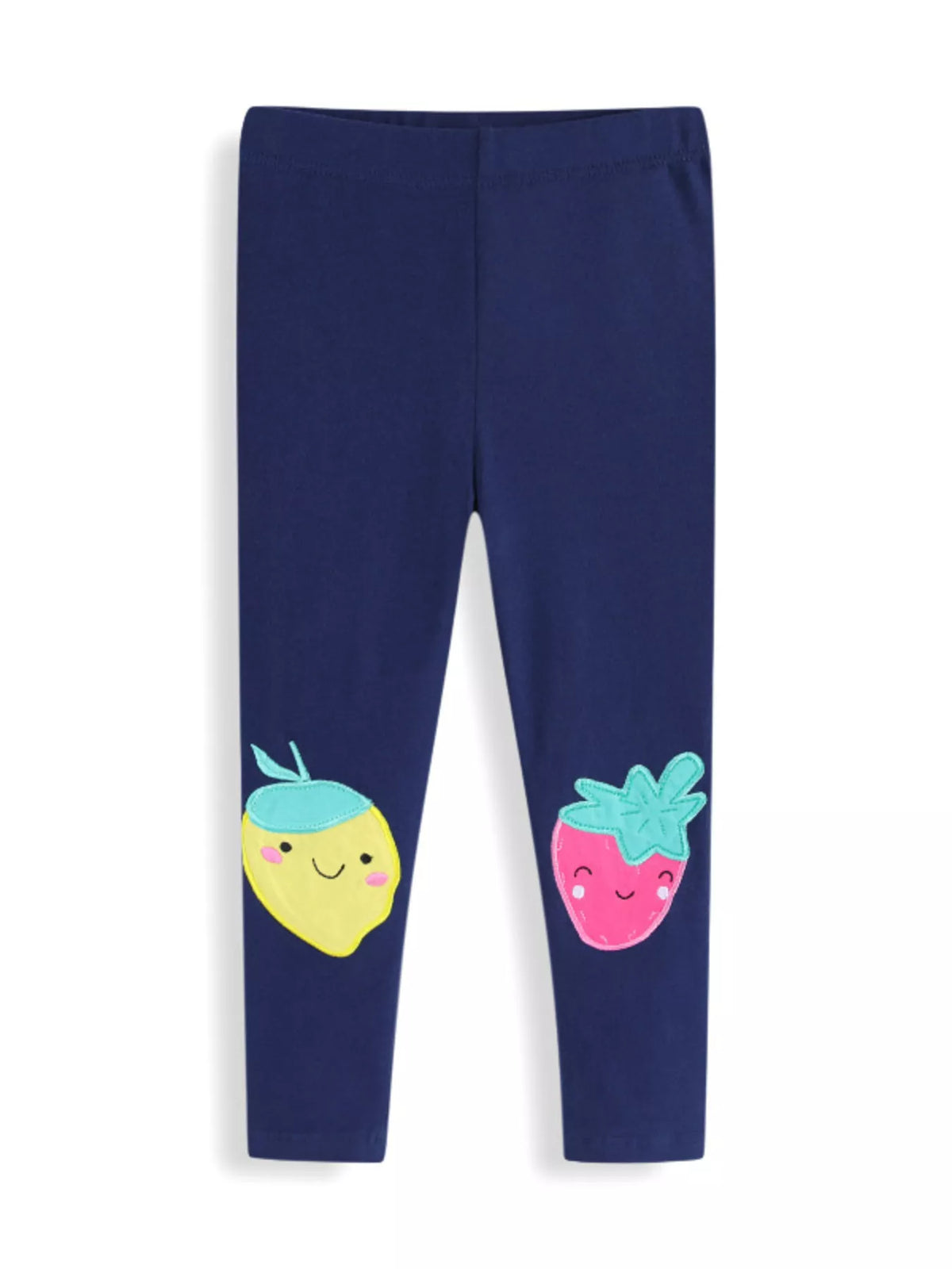 Navy fruit-applique leggings laid flat
