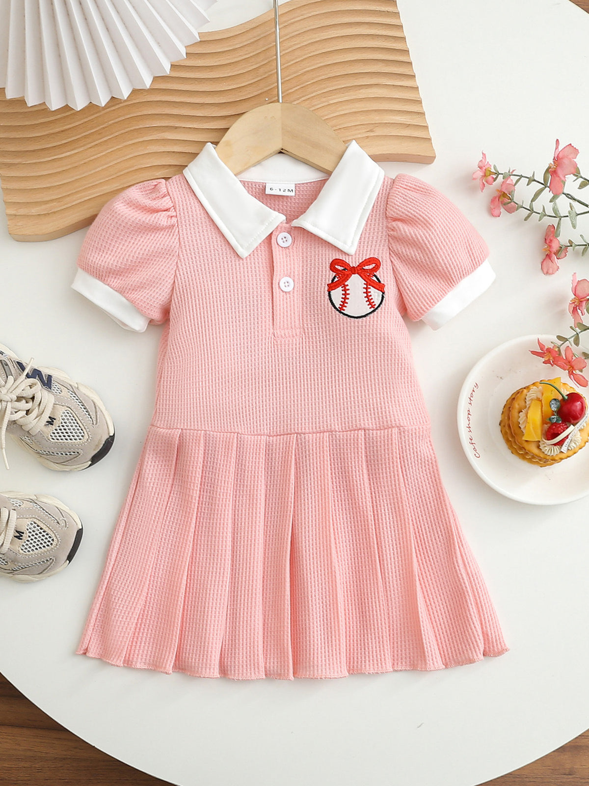 Baby Baseball Embroidered Pleated Dress — front view