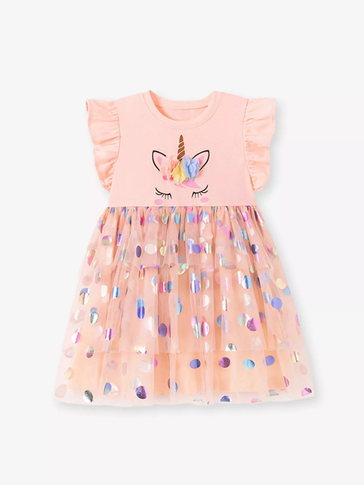 Peach unicorn ruffle-sleeve dress with a metallic-dot tulle skirt laid flat