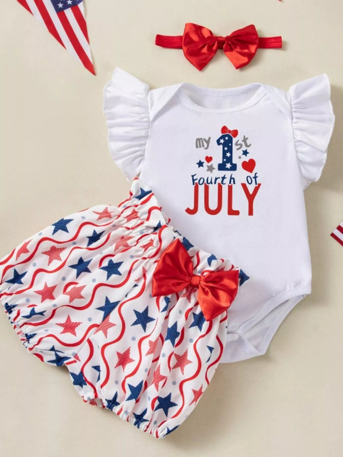 Baby Fourth of July Three-Piece Outfit Set — My First Fourth of July set flat lay