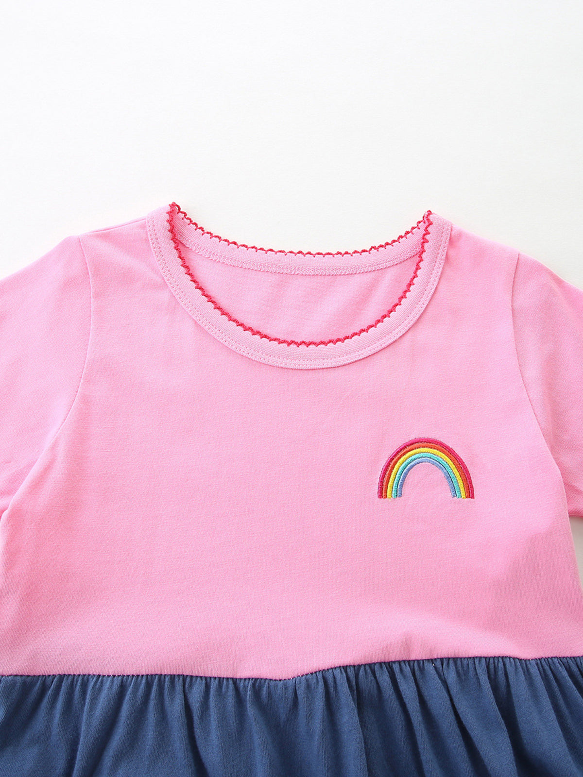 Pink and Blue Heart Embroidered Dress — rainbow motif on pink bodice