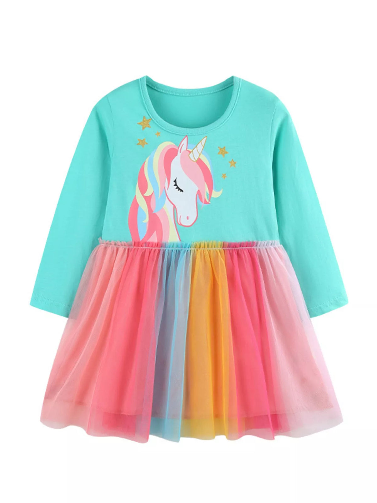 Turquoise Unicorn Rainbow Tulle Dress — front view