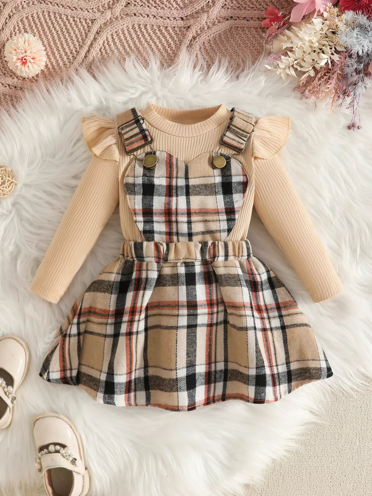 Plaid suspender skirt and ribbed top set — apricot plaid outfit front