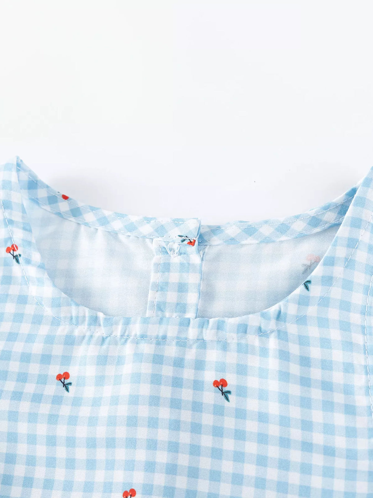 Blue Gingham Asymmetric Ruffle Dress — neckline and gingham detail