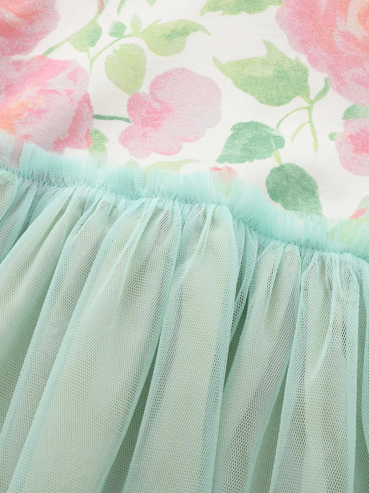 Rose Print Sage Tulle Dress — rose-print bodice and green tulle waist