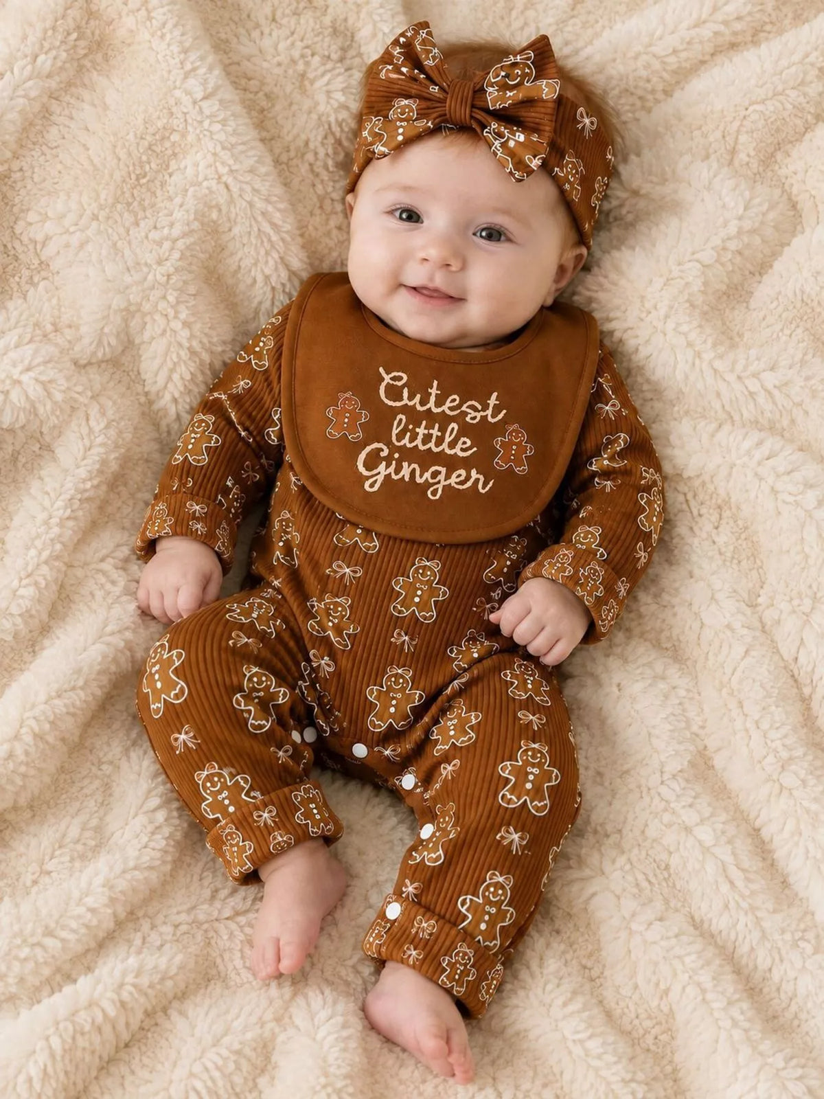 Jumpsuit and headband on a reclining baby