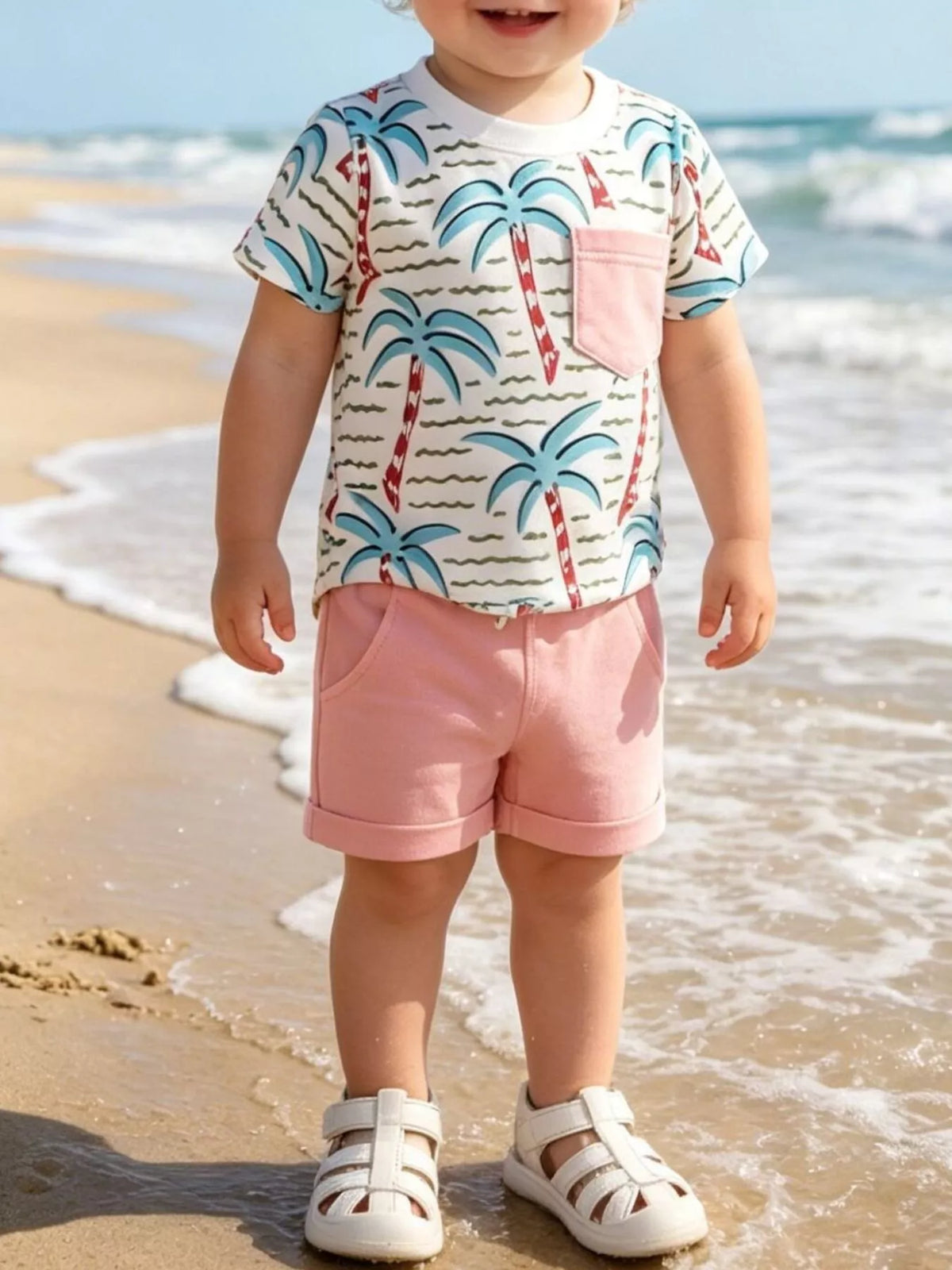 Palm-tree tee with pink shorts on a child