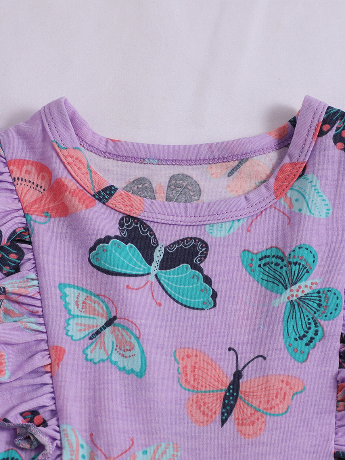 Purple Butterfly Ruffle Sleeve Dress — butterfly-print neckline