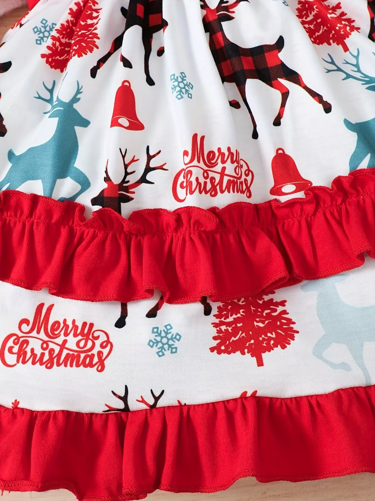 Red Christmas reindeer tiered ruffle dress — printed tiered skirt