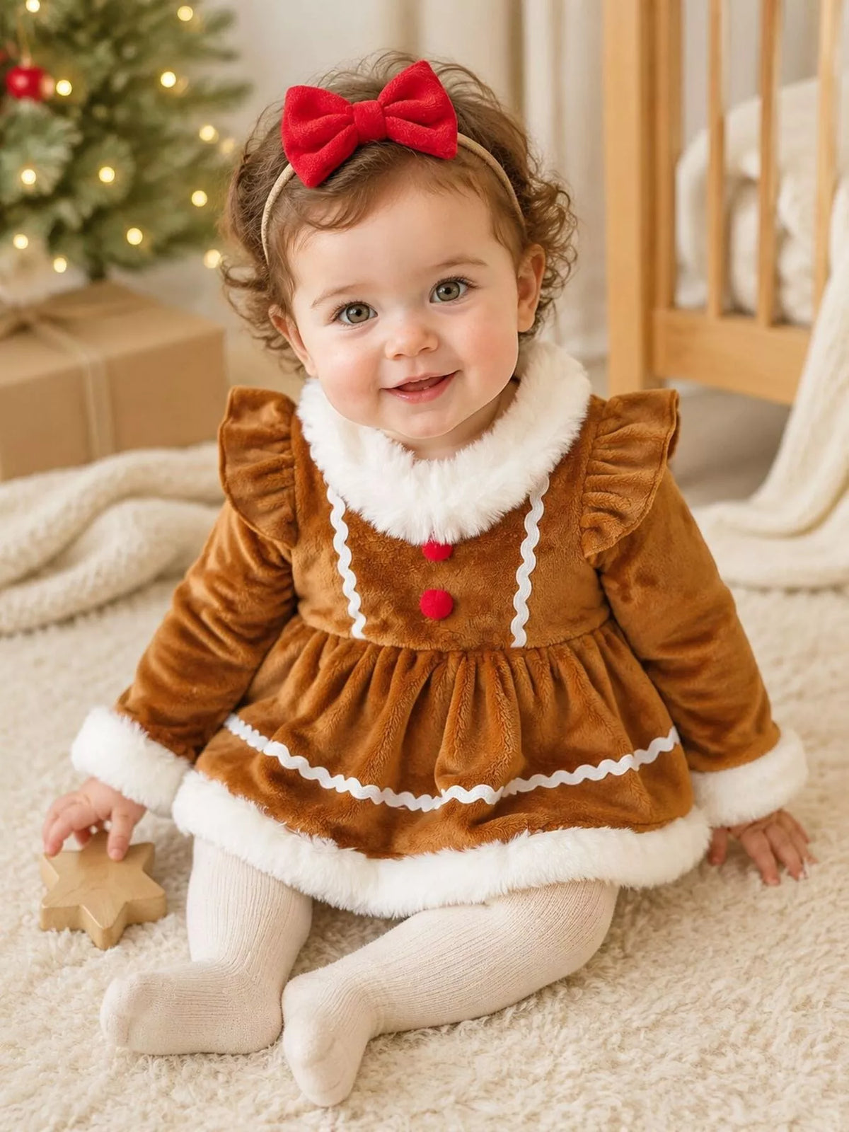 Outfit and red headband on a seated baby