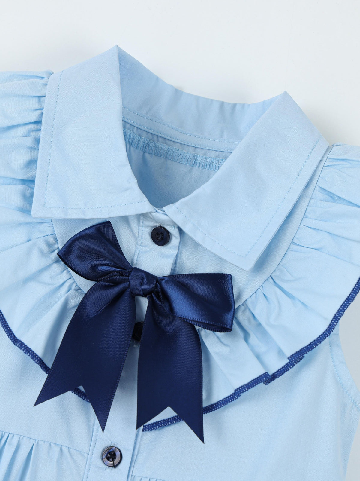 Blue Bow Collar Button-Front Dress — ruffled collar
