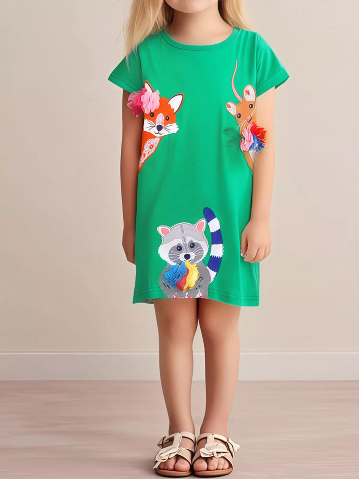 Woodland Animal Applique Cotton Dress — green dress worn by a child