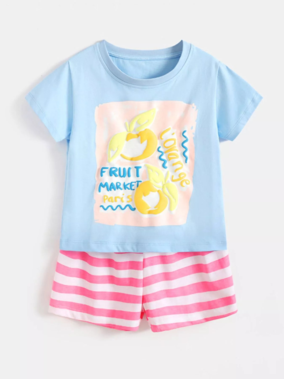Blue Fruit Market graphic tee and pink striped shorts — outfit front laid flat
