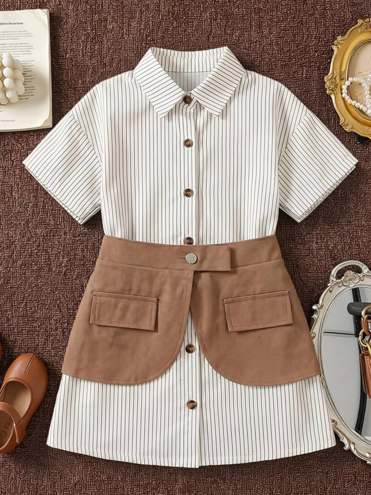 Striped short-sleeve shirt dress with a brown waist overlay laid flat