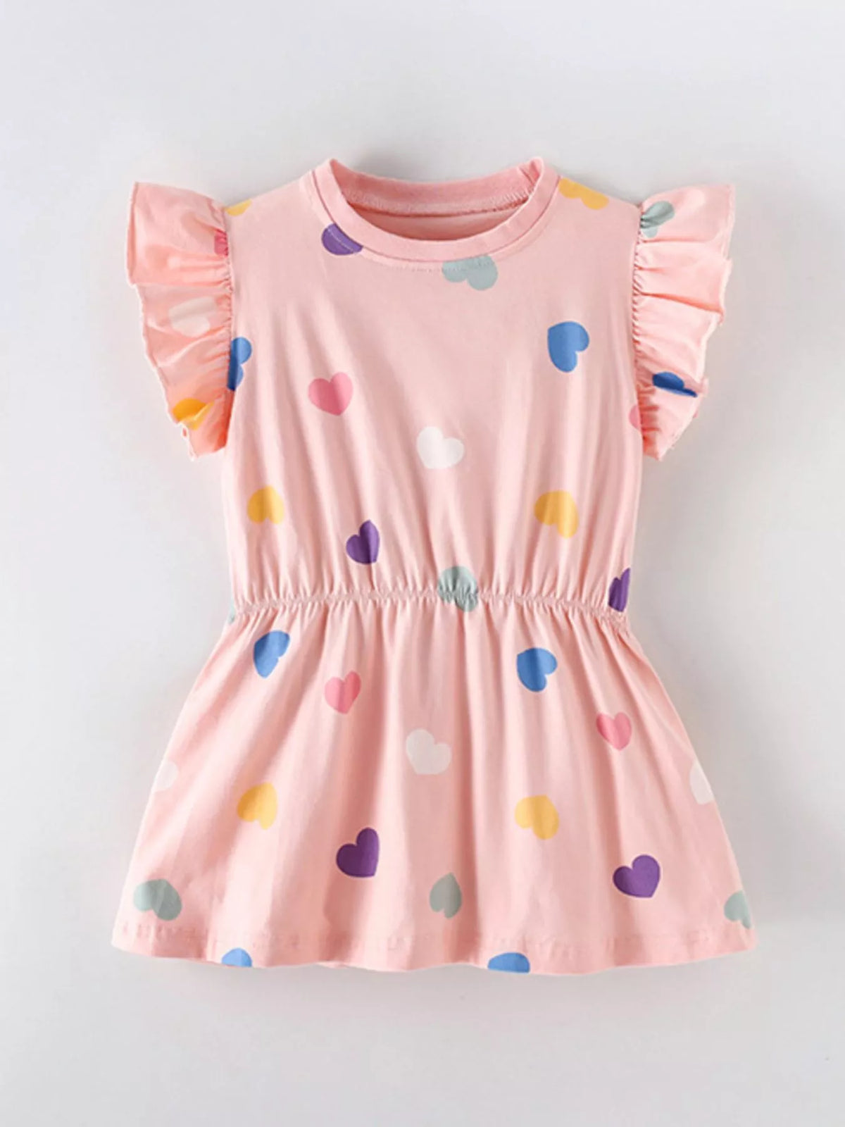 Pink multicolor heart ruffle sleeve dress — dress front laid flat