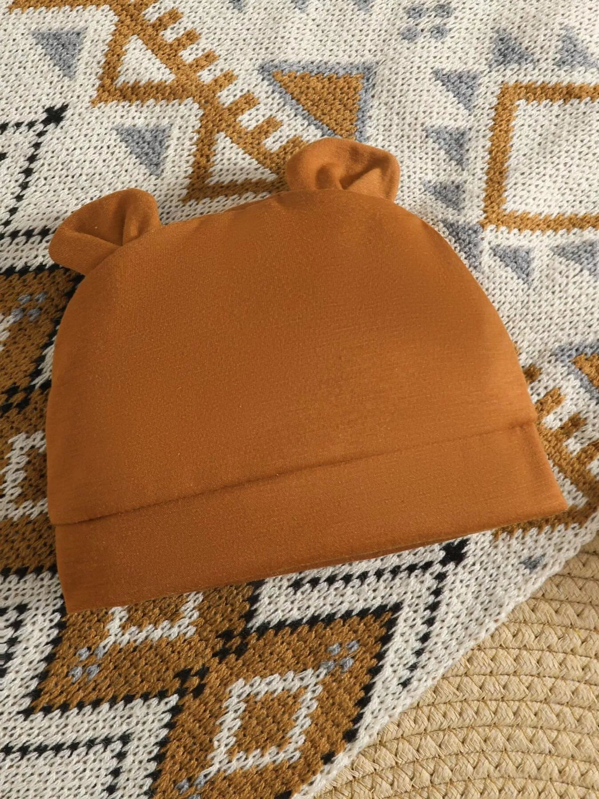 Brown bear jumpsuit with striped sleeves and hat — bear ear hat