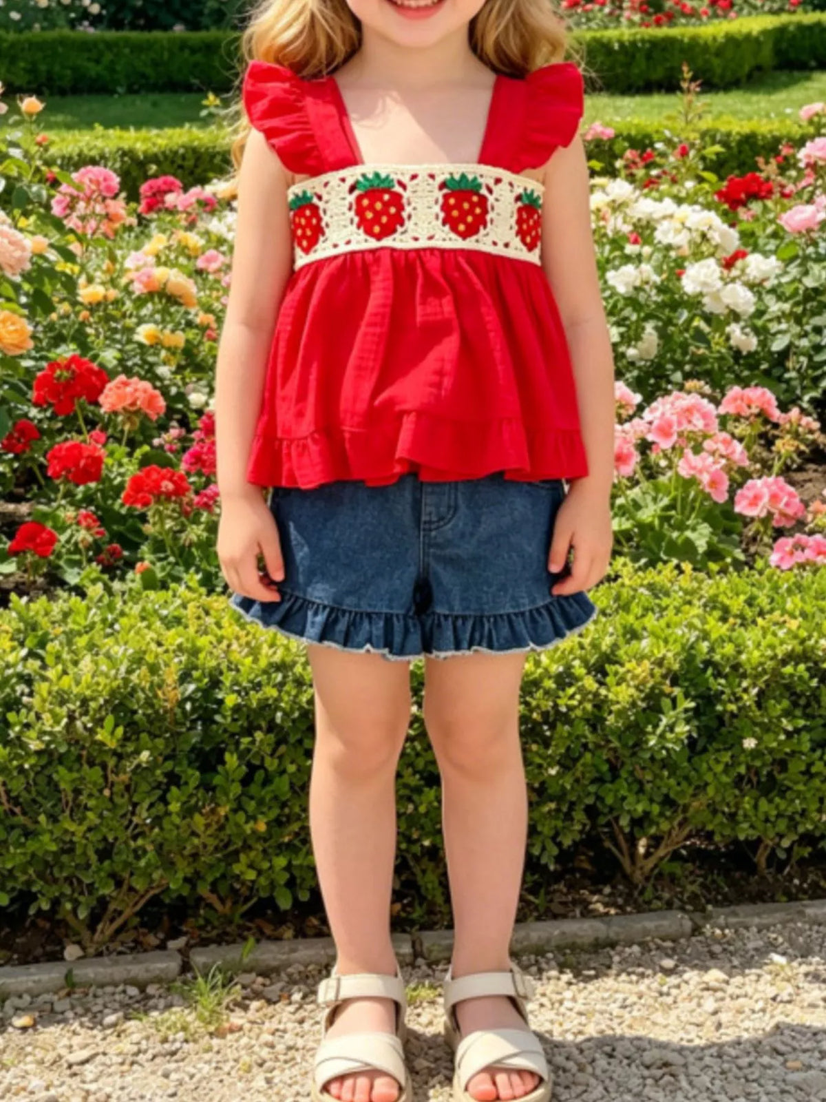Red strawberry crochet-trim top with ruffled denim shorts on a child