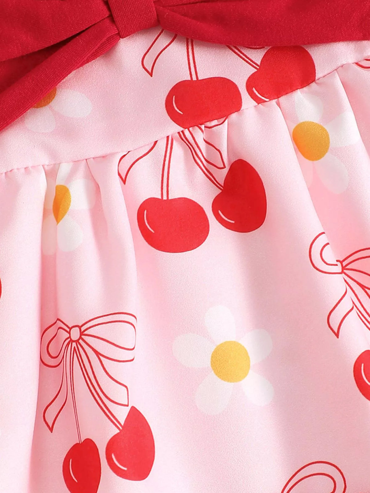 Baby Bow Front Printed Sundress — cherry print and hem bow
