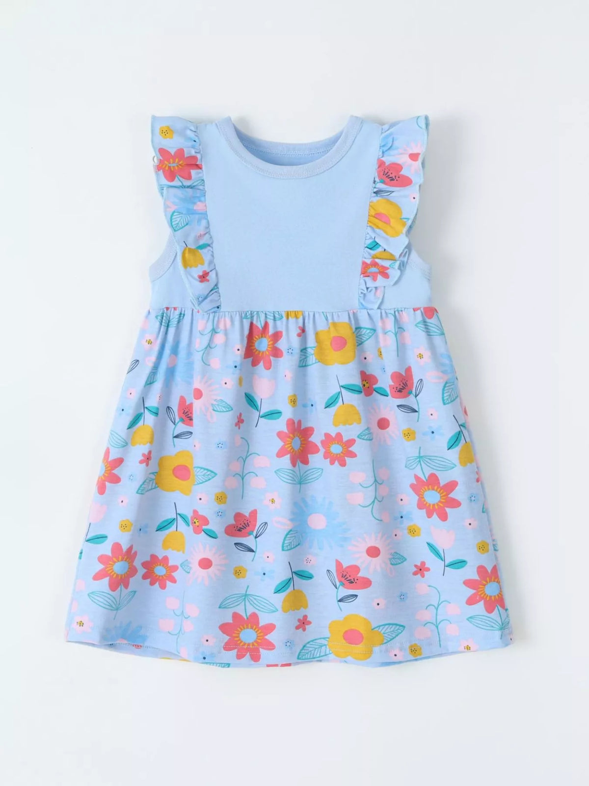 Blue-bodice dress with floral shoulder ruffles and skirt laid flat