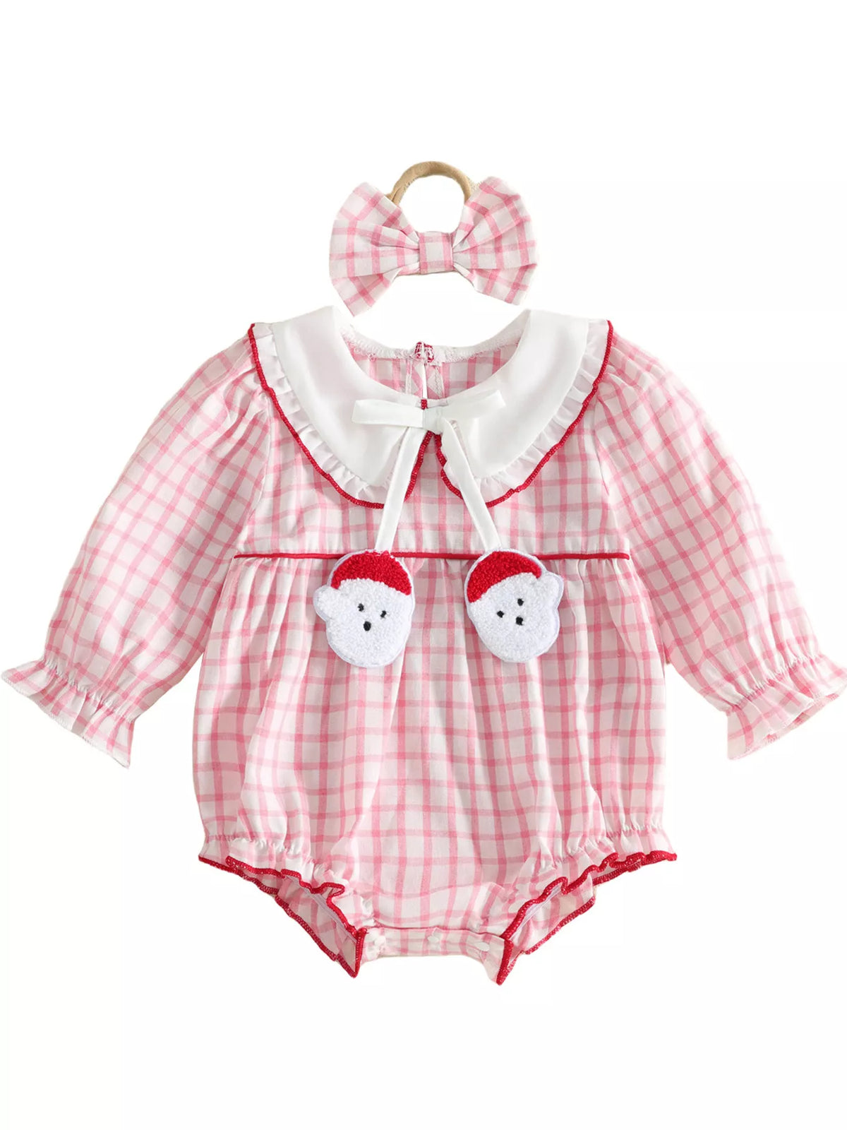 Gingham bodysuit and headband displayed on a hanger