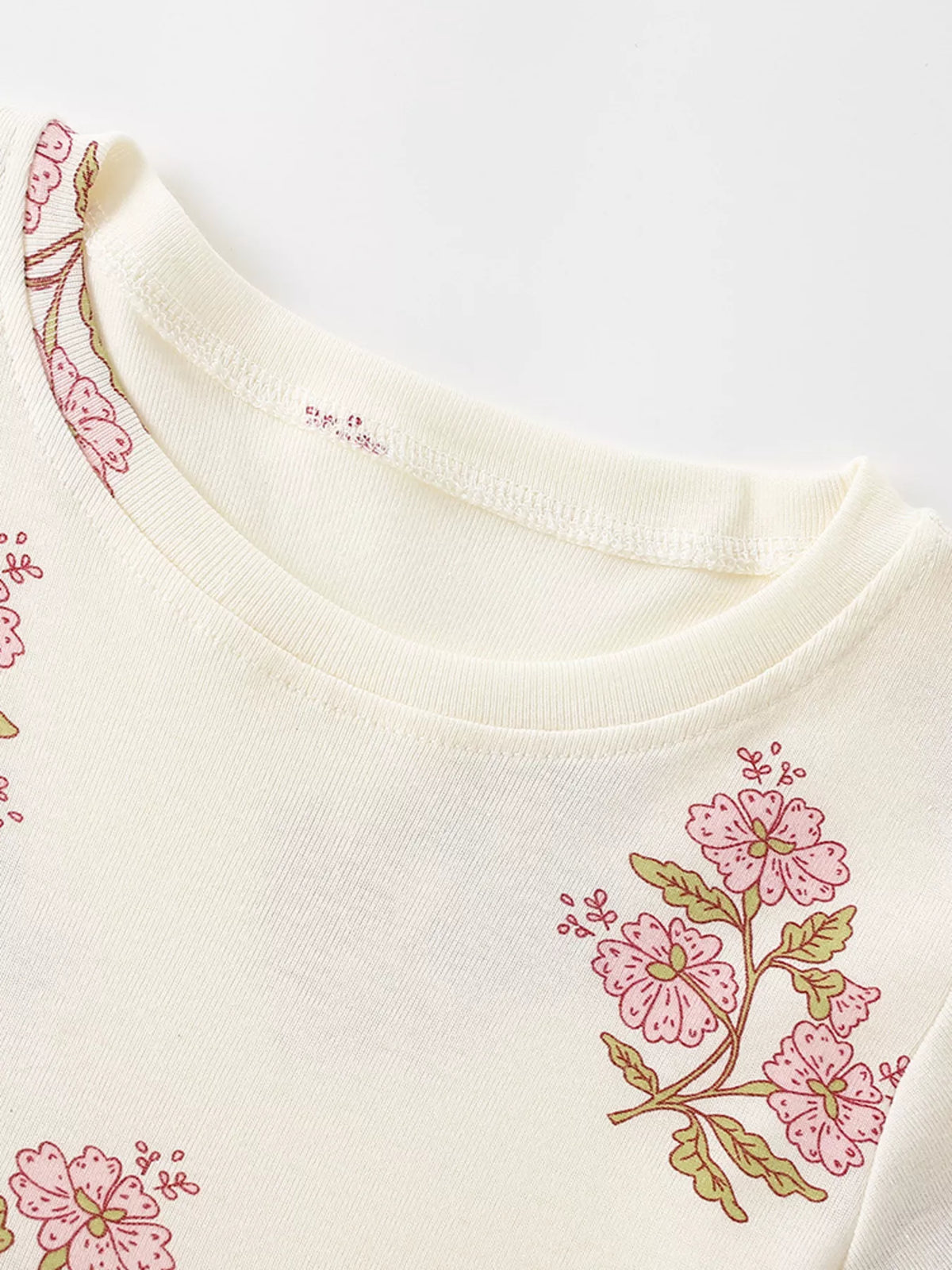 Cream pink floral short sleeve dress — round neckline