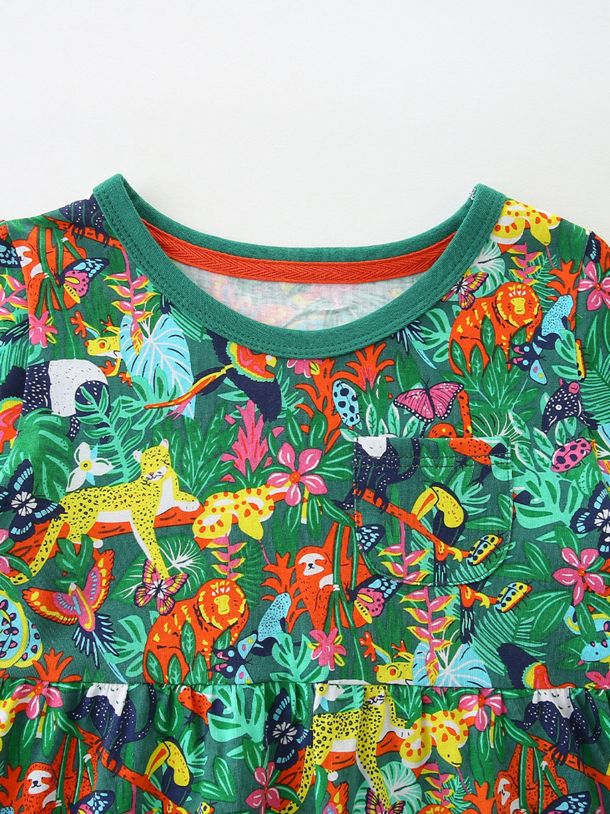 Tropical Animal Print Cotton Dress — round neckline detail