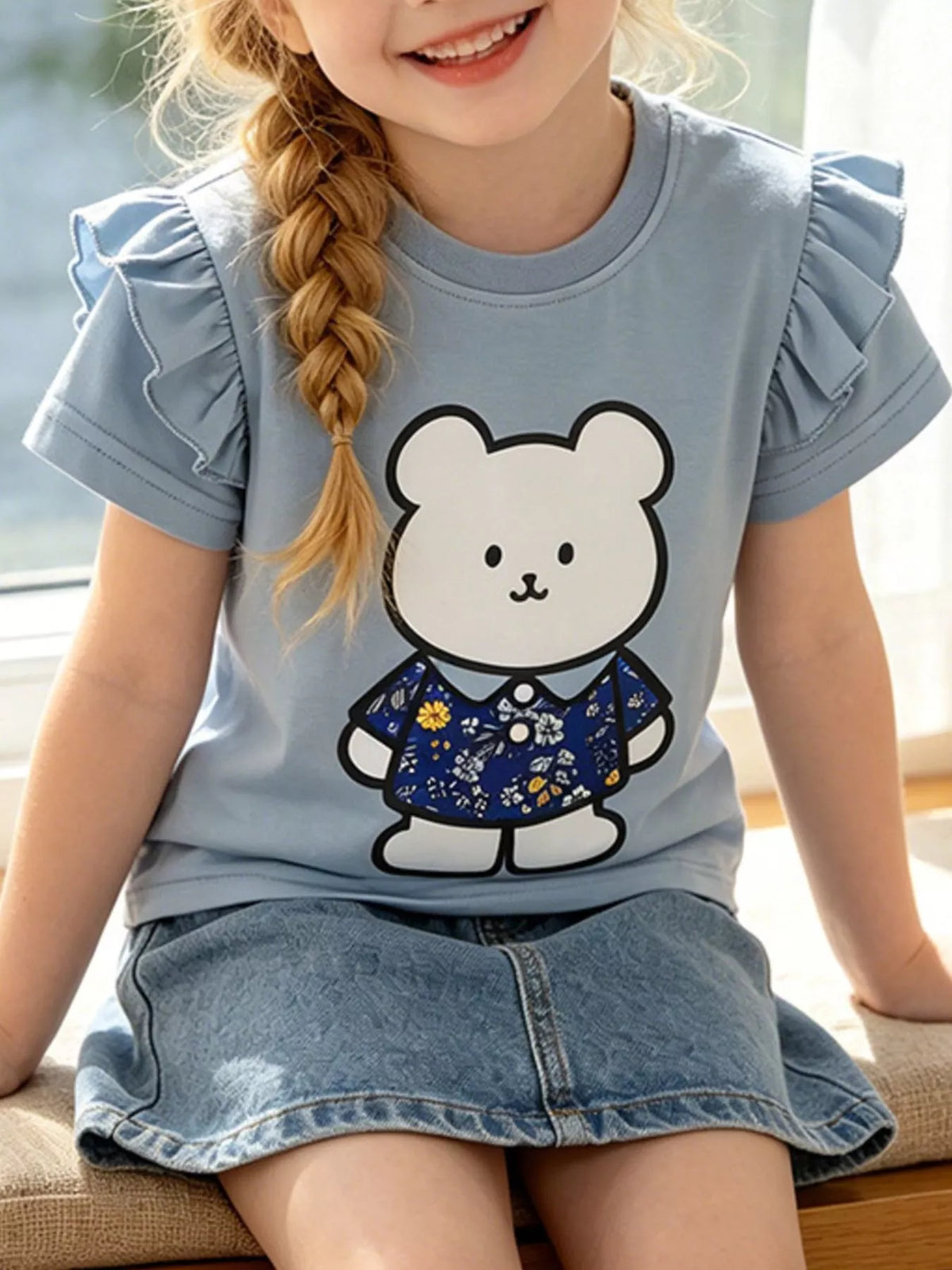 Blue bear graphic ruffle sleeve shirt — shirt shown on child