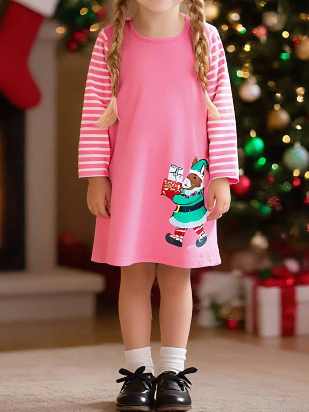 Christmas Elf Embroidered Striped-Sleeve Dress — dress worn by a child