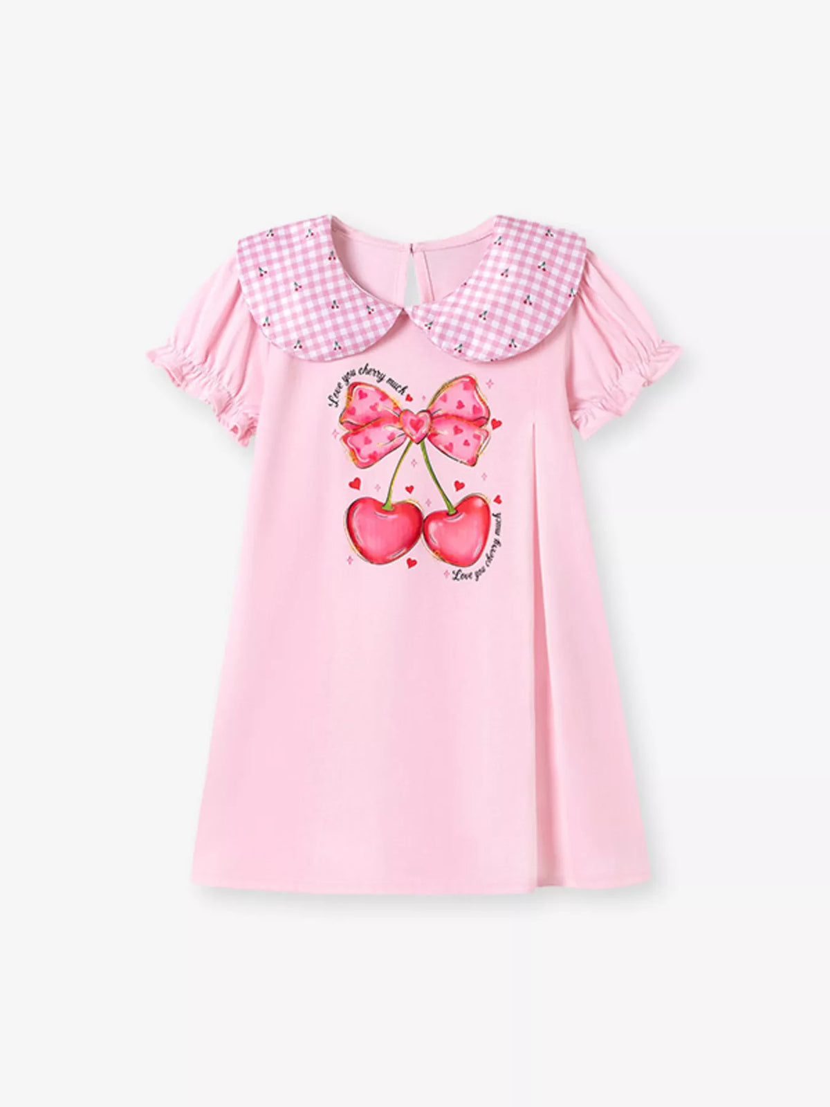 Pink cherry dress with a gingham Peter Pan collar laid flat