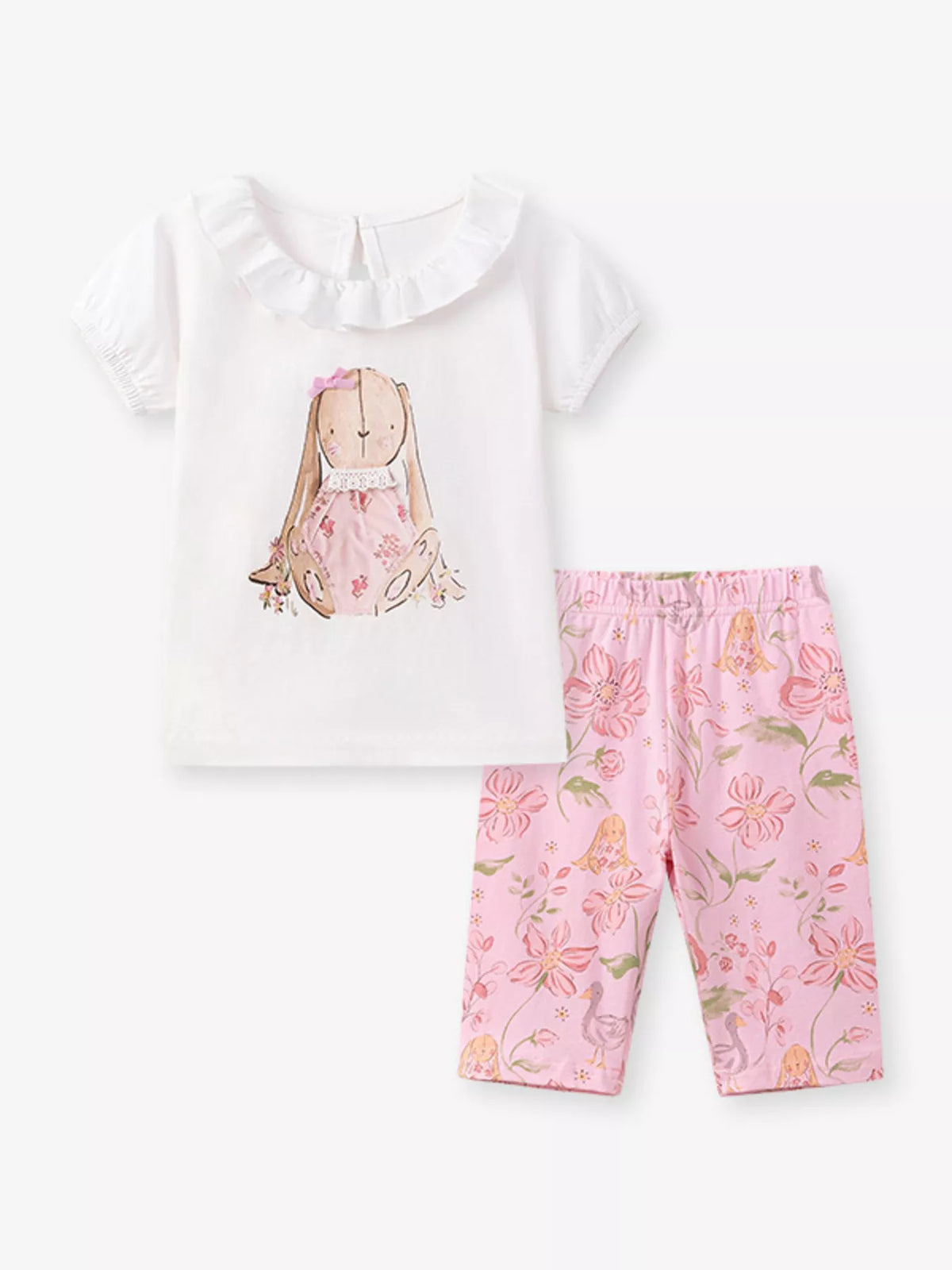 White bunny tee with a ruffled collar and pink floral shorts laid flat