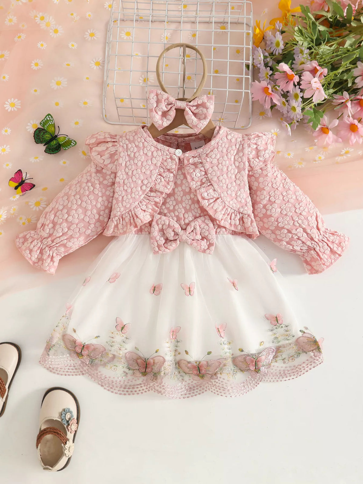 Floral butterfly dress cardigan and headband set — pink outfit front