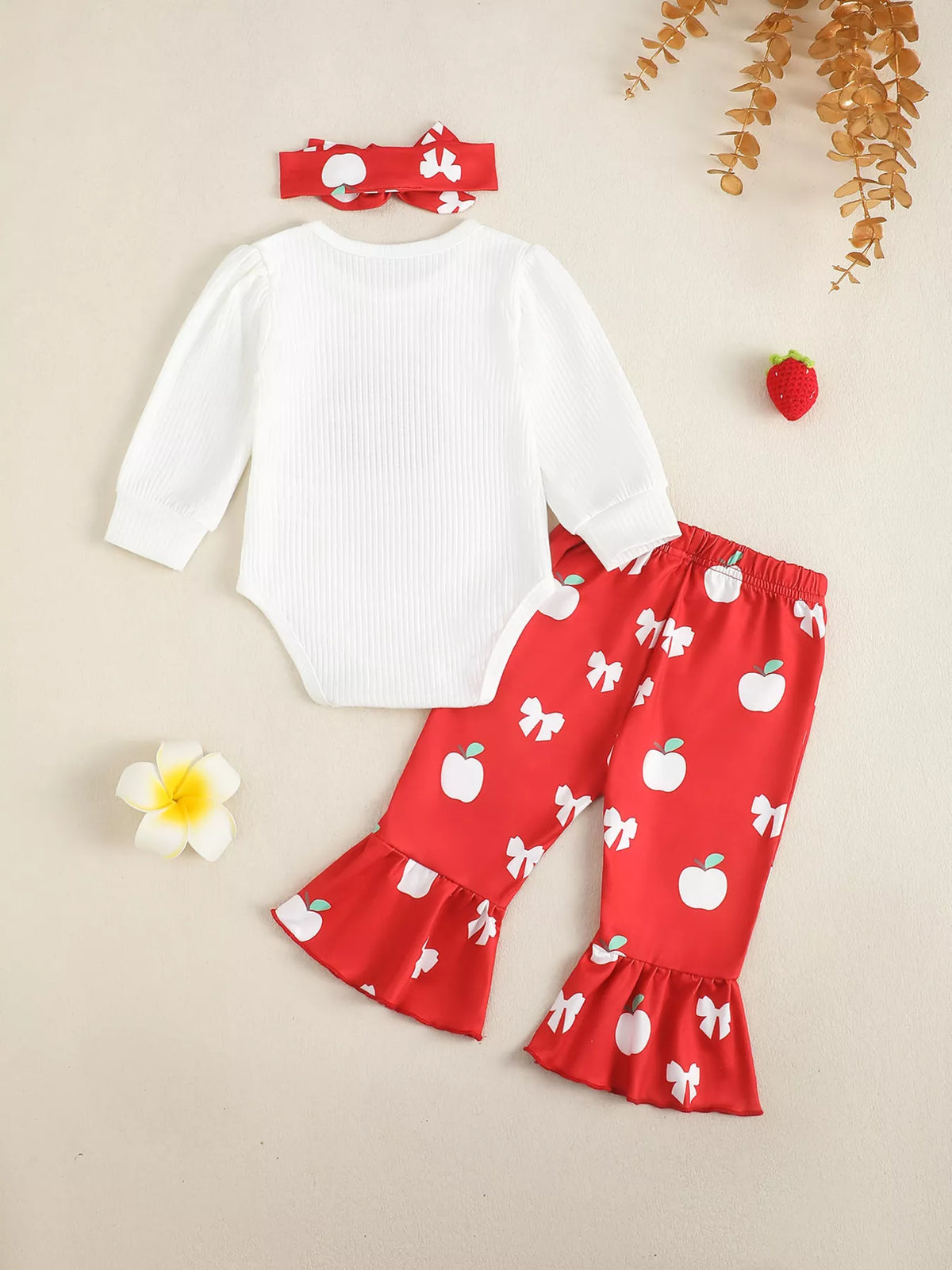 White ribbed apple bodysuit red flare pants and headband — full outfit back