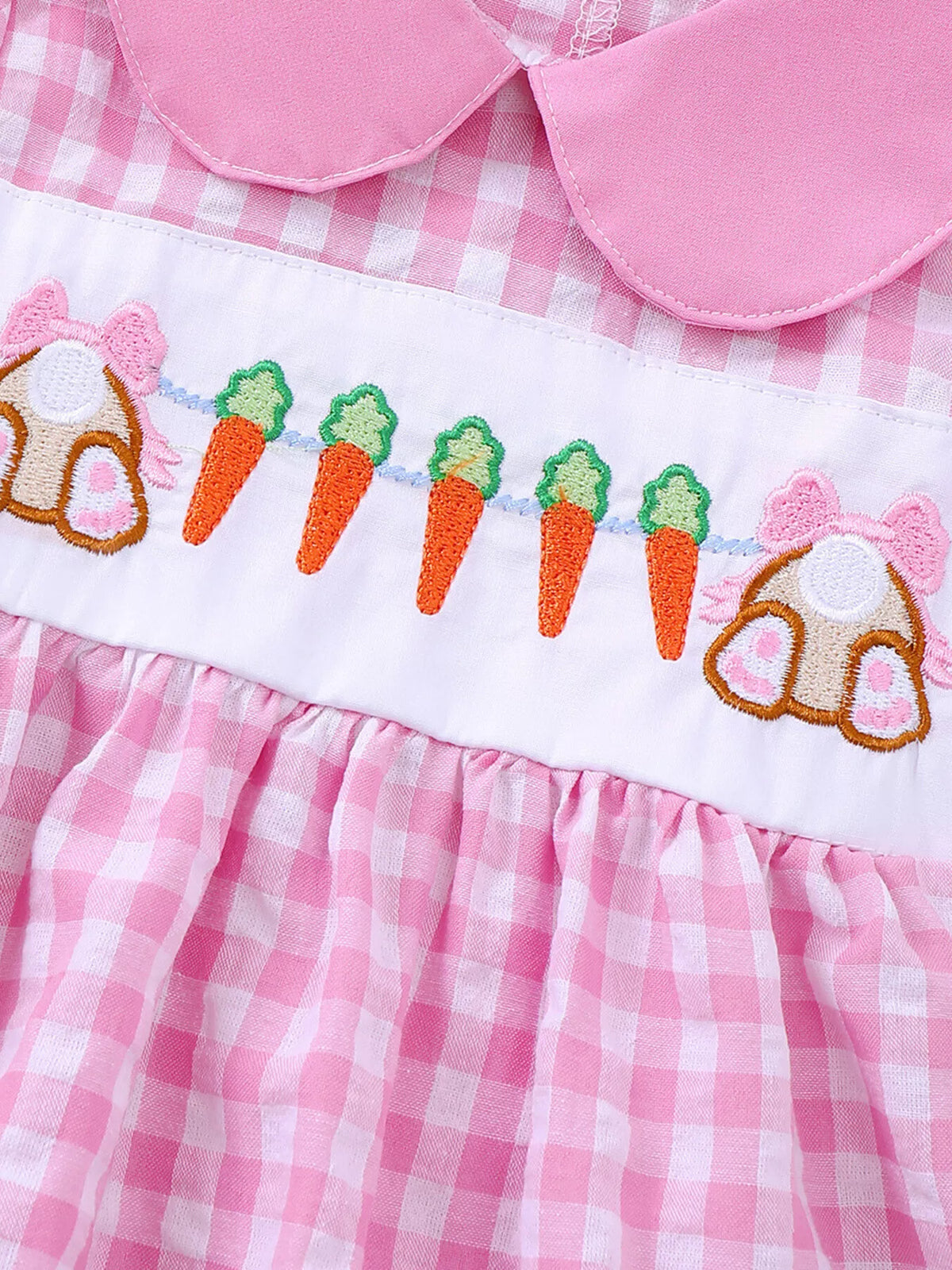 Pink gingham bunny carrot Peter Pan collar dress — bunny and carrot embroidery panel