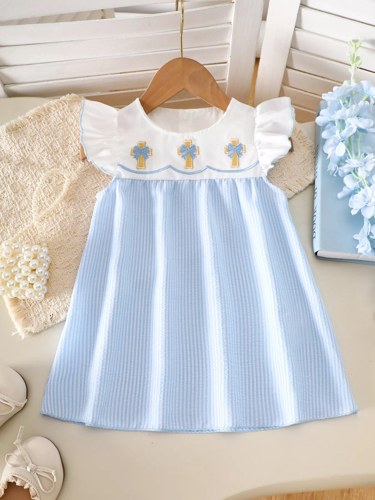 Baby Embroidered Yoke Striped Dress — blue striped dress front