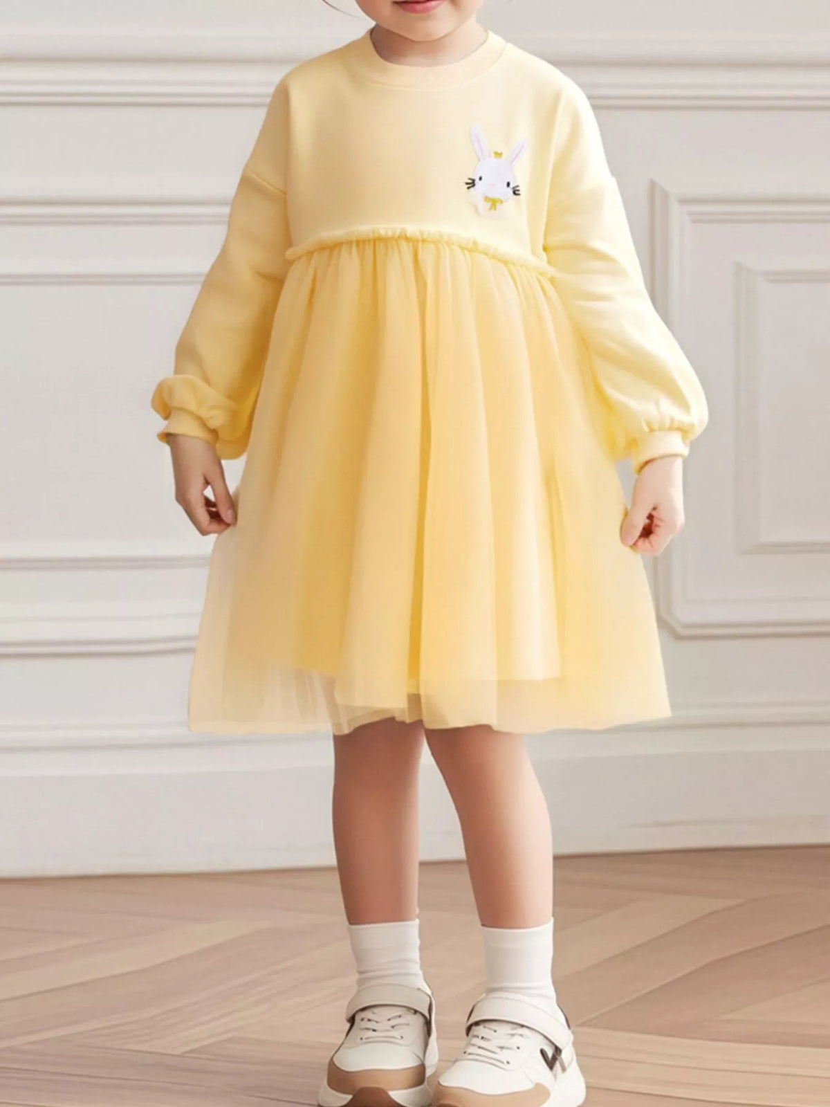 Yellow Rabbit Long Sleeve Tulle Dress — dress worn by a child