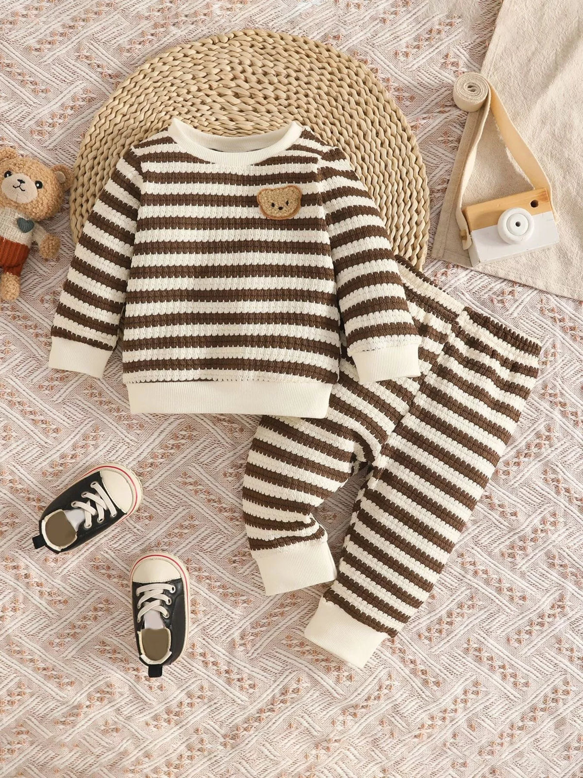 Striped knit bear patch top and pants set — brown striped set front